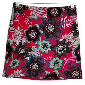 Talbots Red Floral Skirt Size 8 Cotton Spandex Lined Side Zip